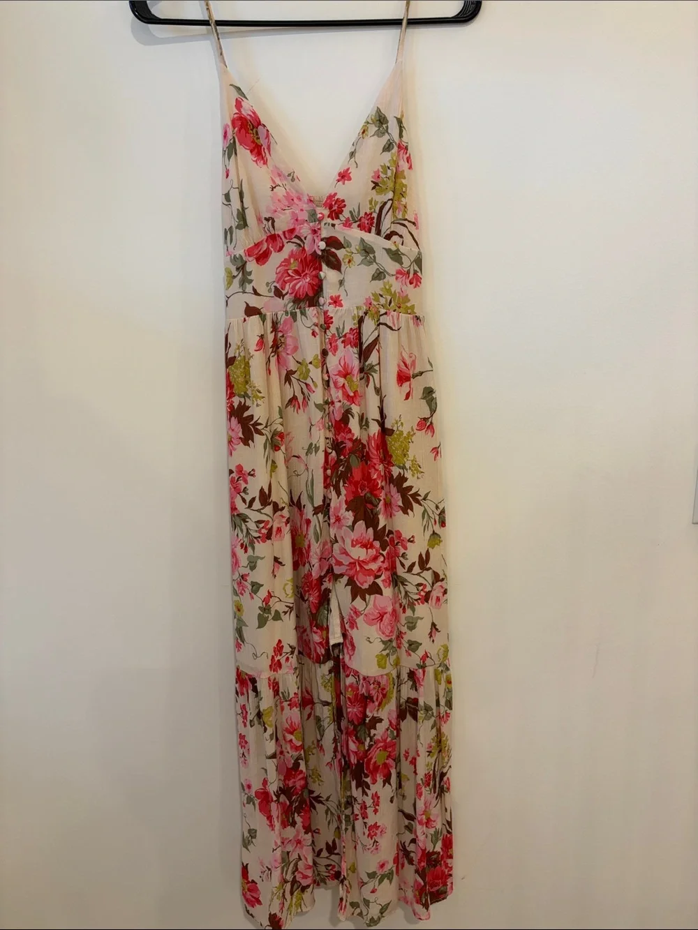 Abercrombie and Fitch Floral Spaghetti Strap Maxi Dress in Beige